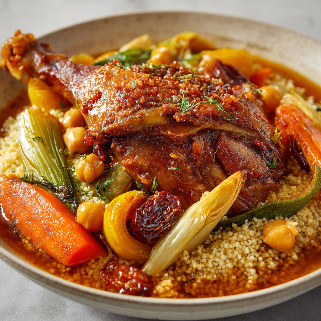 Plat de dinde façon couscous, semoule moelleuse et bouillon parfumé à partager en famille.