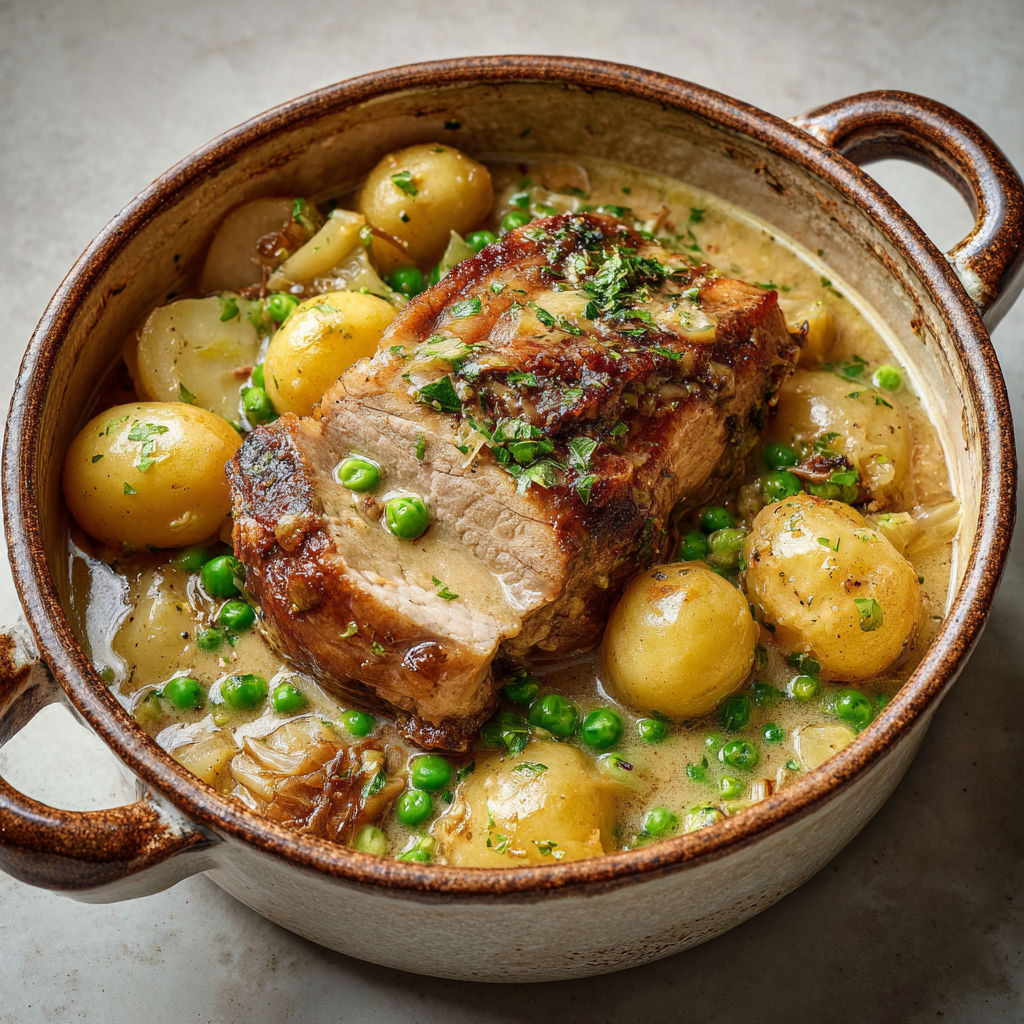 Porc mijoté avec pommes, petits pois et crème, le tout au cidre.