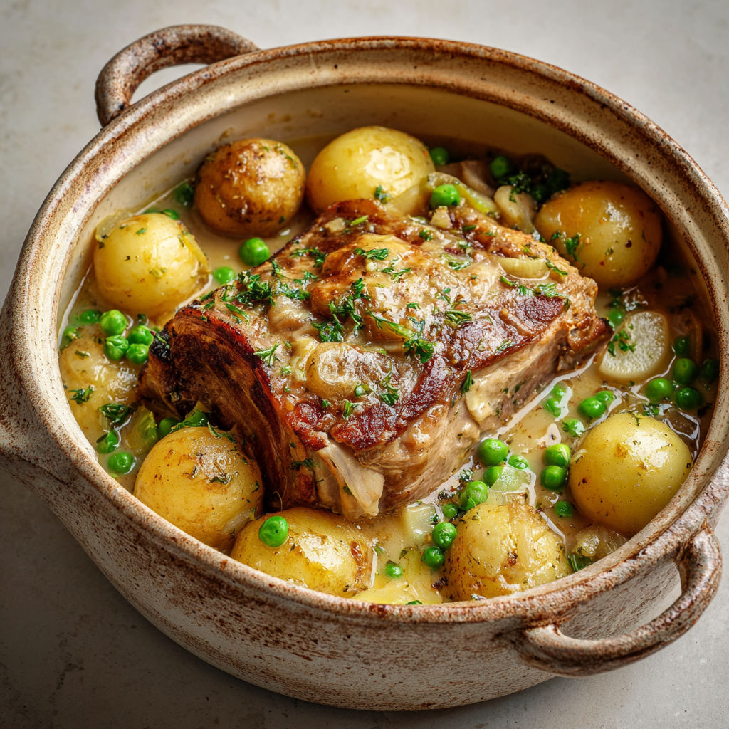 Porc tendre aux pommes acidulées, rattes et petits pois, sauce toute douce au cidre.