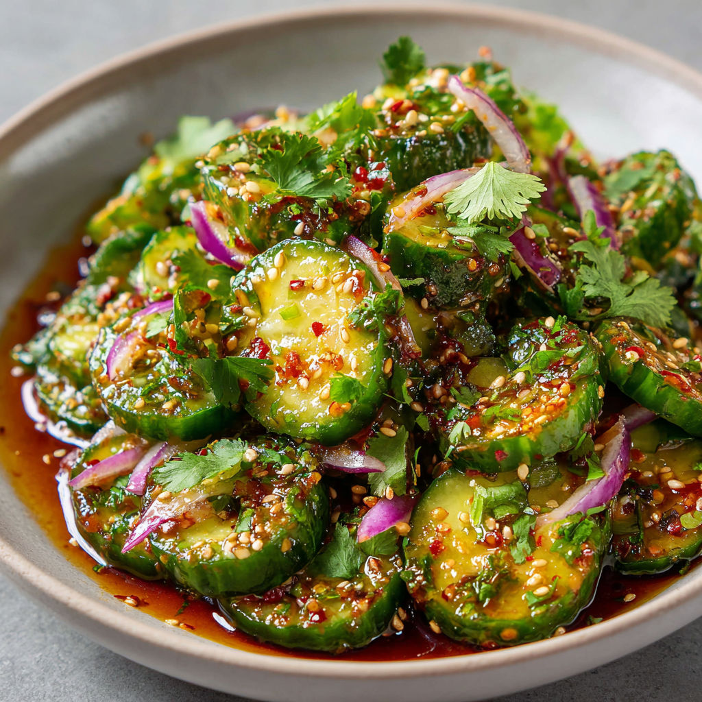 Des morceaux de concombre frais baignés dans une sauce aux saveurs asiatiques dans un bol.