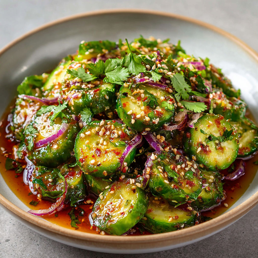 Salade de concombres à l'asiatique, très fraîche, croquante, relevée avec gochujang, sauce soja et huile de sésame.
