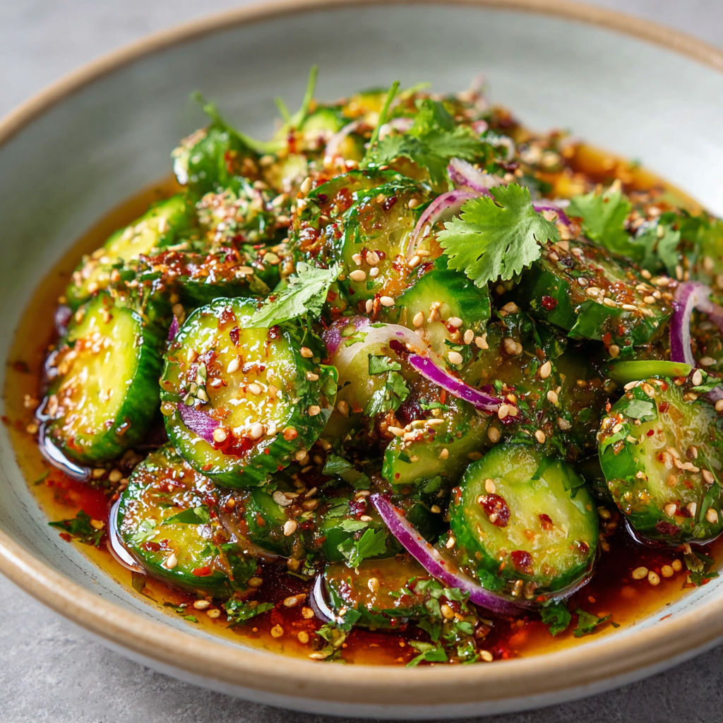Concombres marinés façon Corée avec oignon rouge et coriandre, une salade pimentée, acidulée et citronnée.