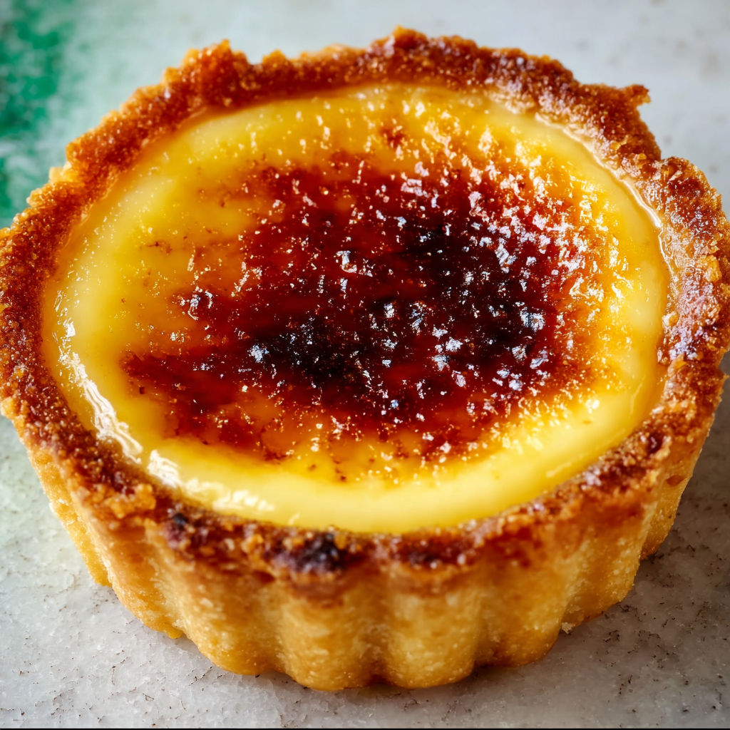 Mini-tartes à la crème façon brûlée, pâte croquante et cœur vanillé caramélisé à la cassonade.