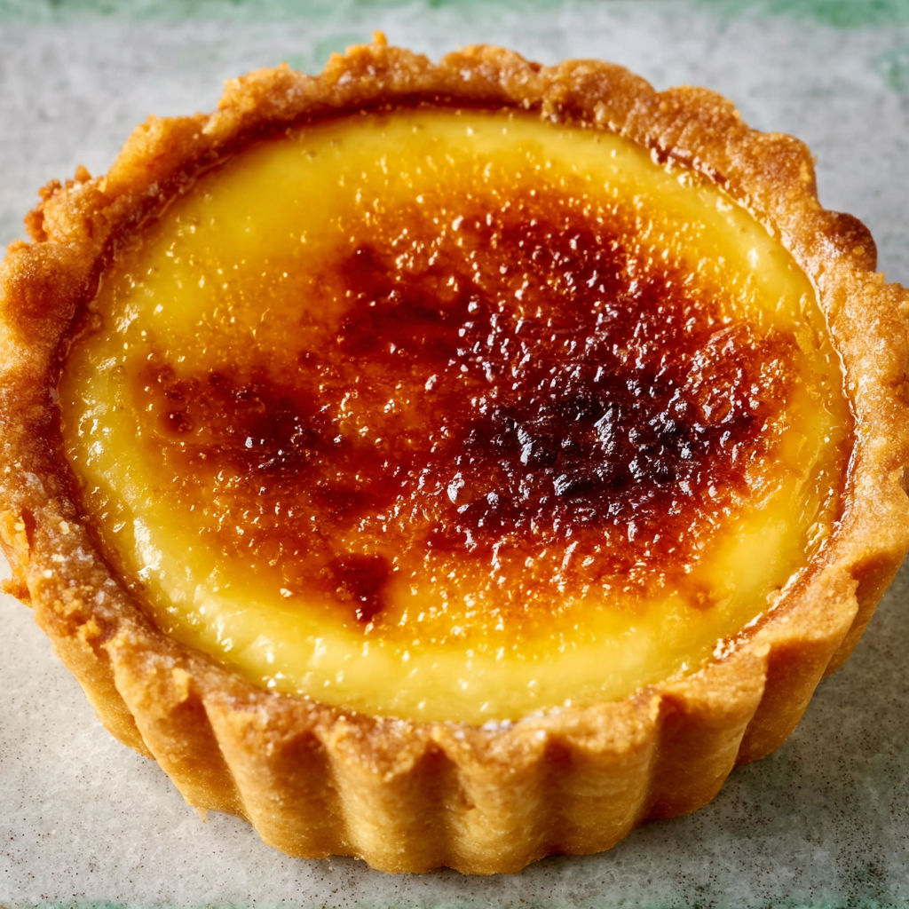 Délicieuses mini-tartes à la crème brûlée, fond sablé doré et dessus caramélisé à craquer.