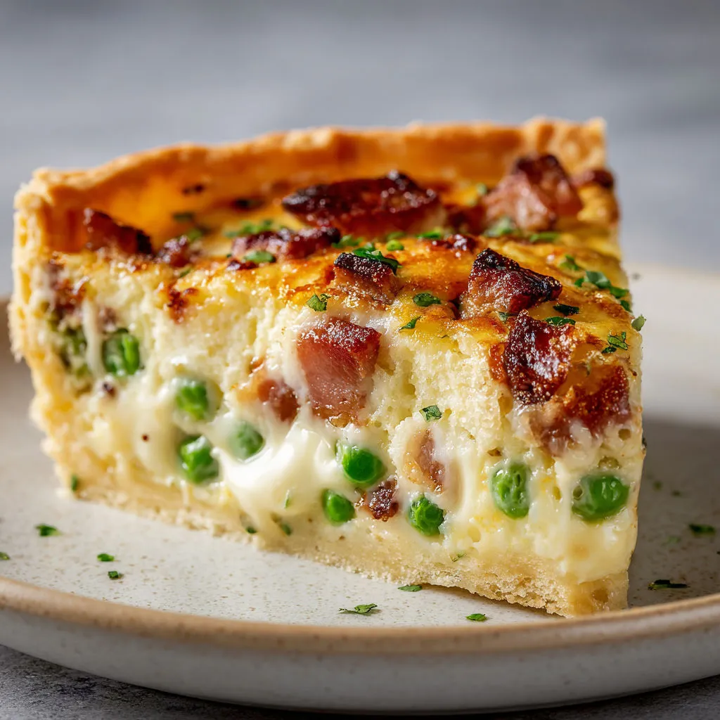 Tarte salée aux petits pois et lard, généreuse, rustique et très crémeuse.