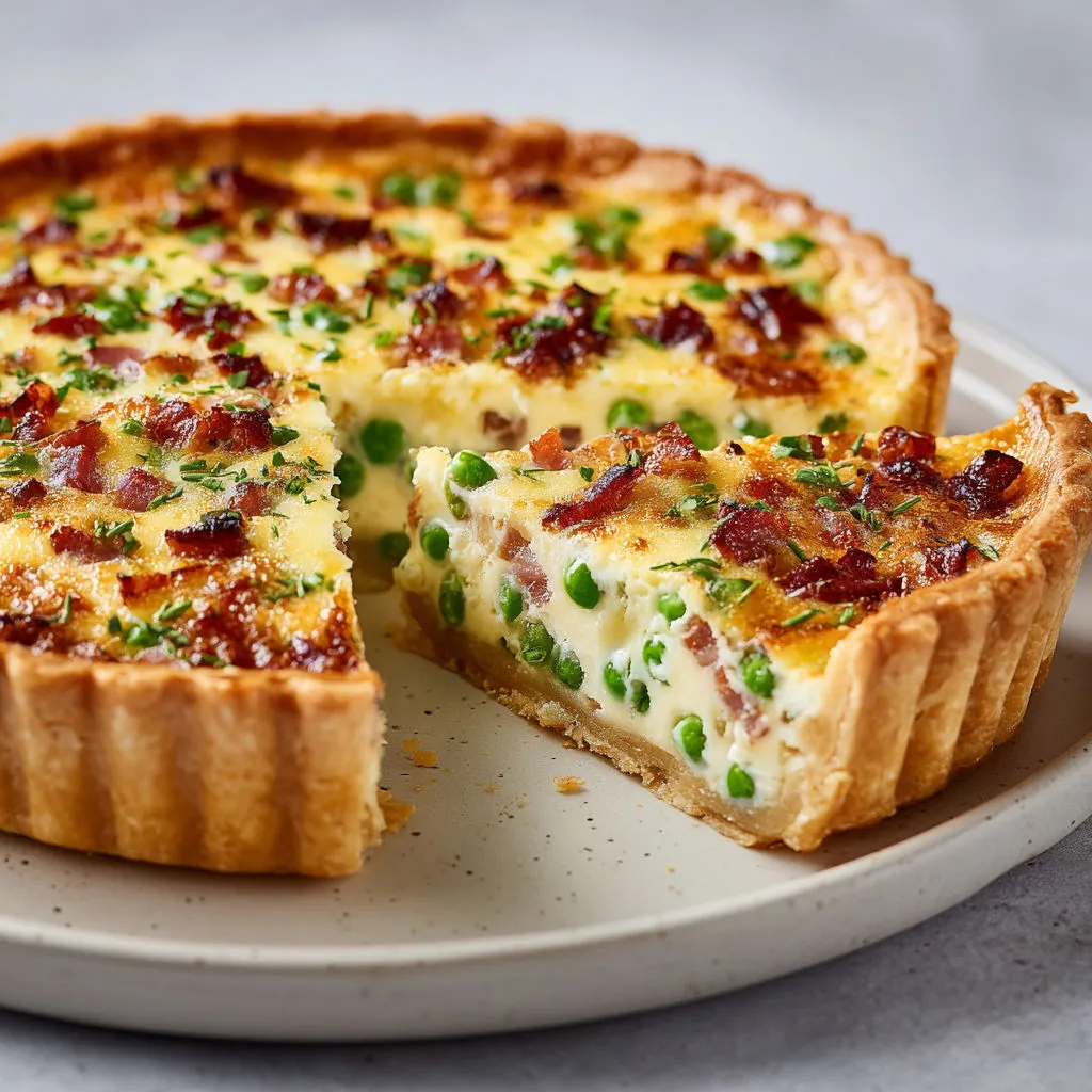 Tarte maison petits pois tendres et lard doré, dans une garniture crémeuse à la muscade.