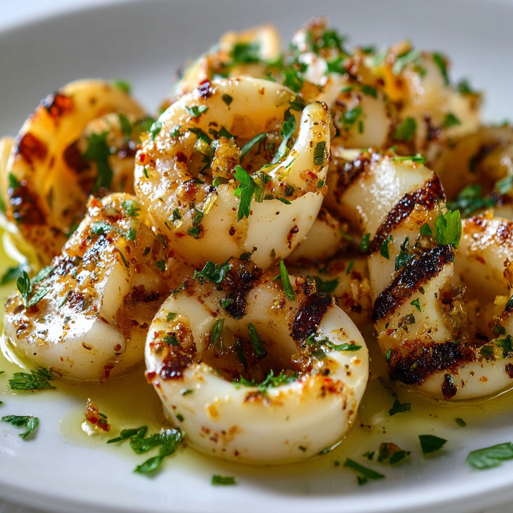 Une assiette en porcelaine avec des calamars dorés au citron et ail.