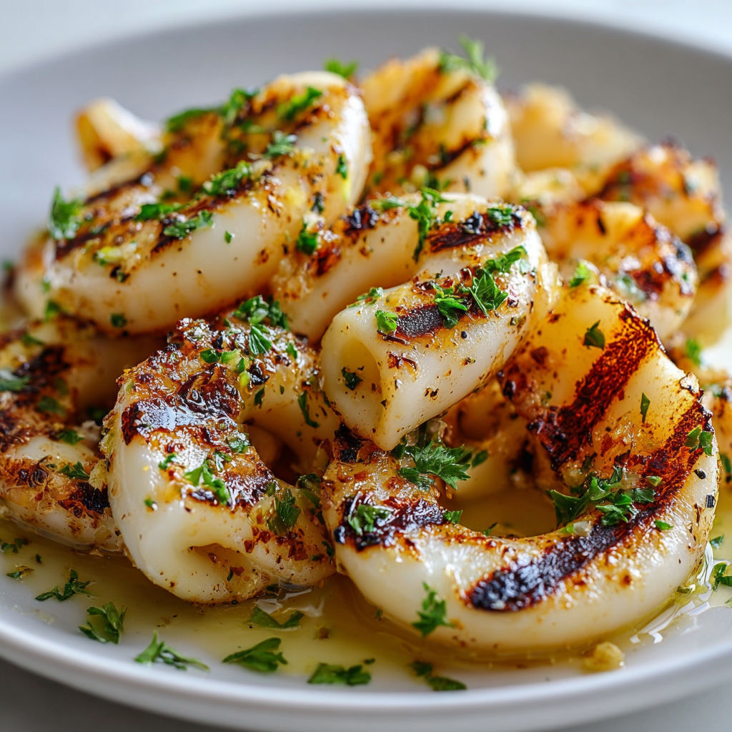 Calamars marinés au citron et à l’ail, grillés pour une texture moelleuse et légèrement croustillante.