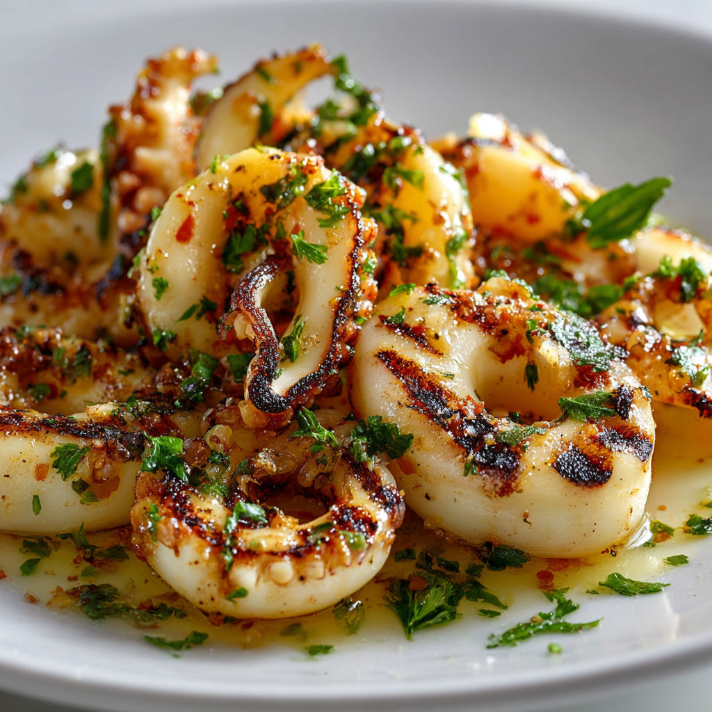 Calamars cuits sur la poêle-grill, parfumés à l’ail, citron, touche de paprika, huile d’olive et persil.