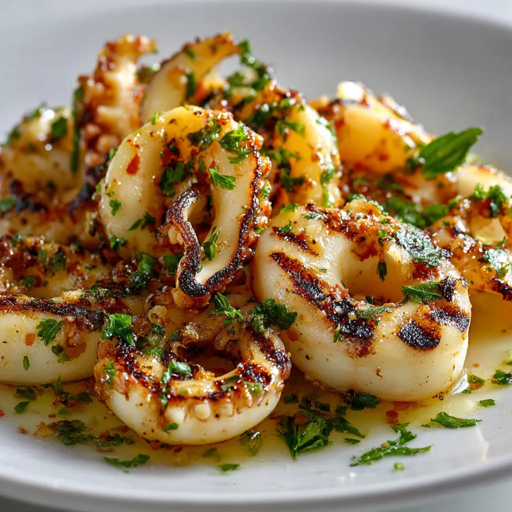 Calamars cuits sur la poêle-grill, parfumés à l’ail, citron, touche de paprika, huile d’olive et persil.