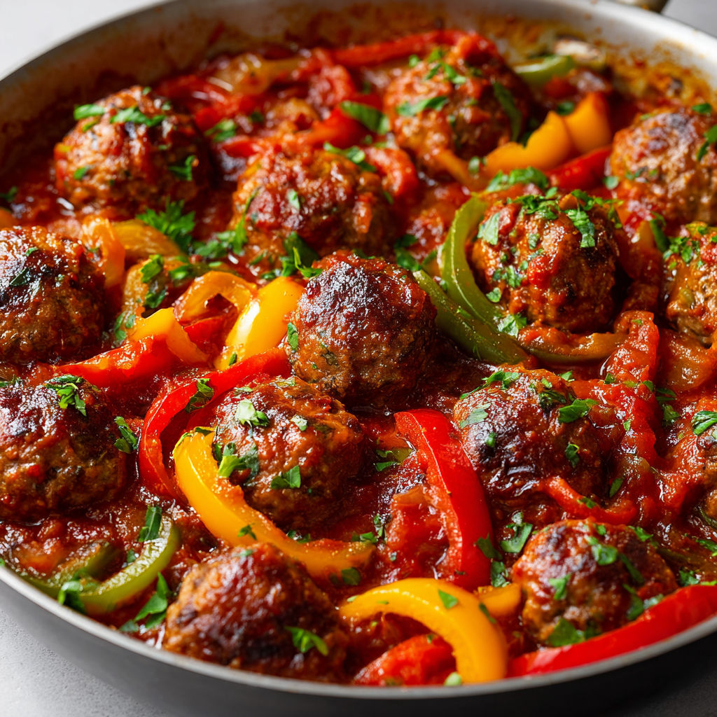 Savoureuses boulettes de viande dans une sauce colorée aux poivrons bien parfumés.