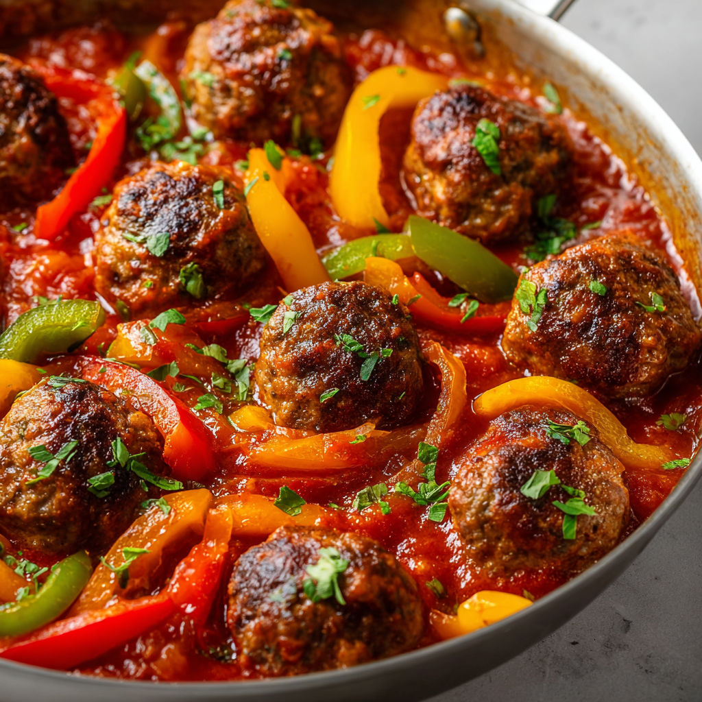 Boulettes moelleuses dans une sauce poivron-tomate parfumée au paprika fumé.