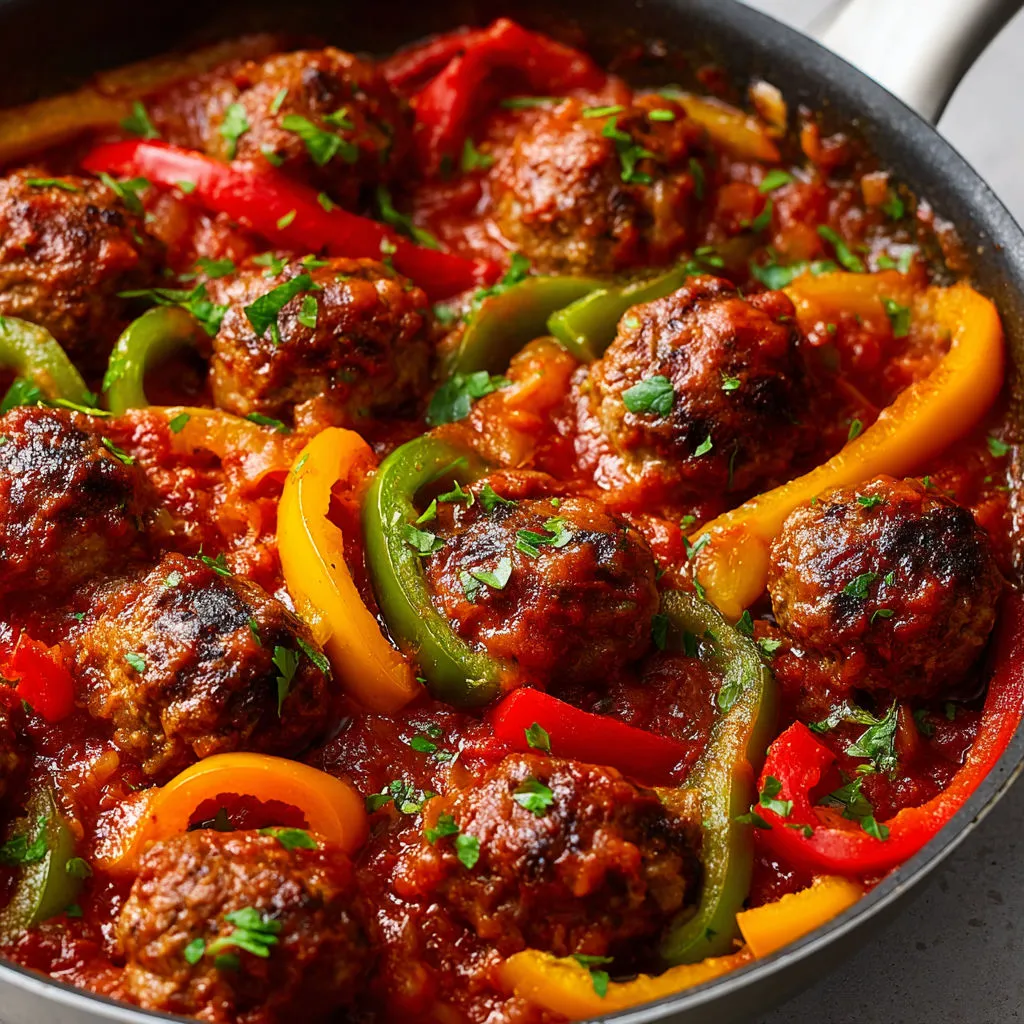 Boulettes dorées et tendres dans une sauce tomate et poivrons, parfumées aux herbes fraîches et vinaigre balsamique.