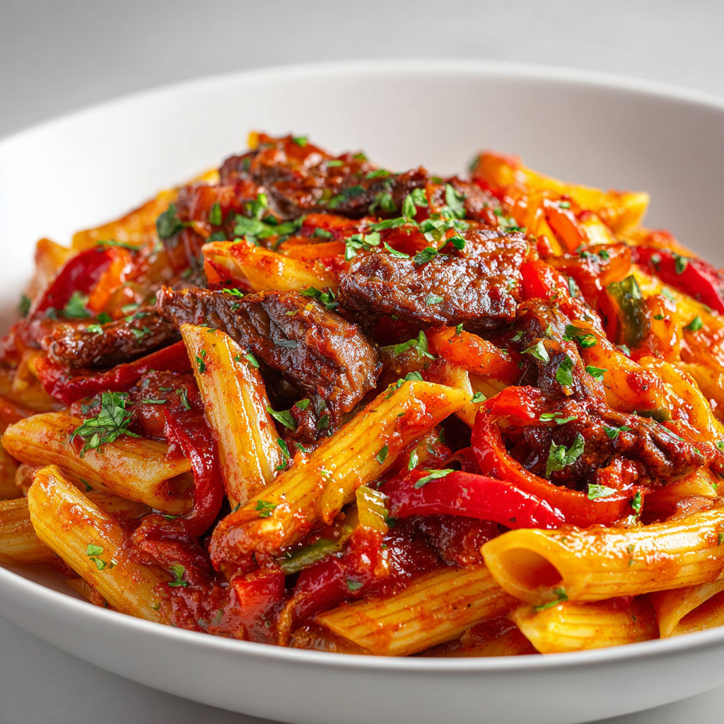 Plat de pâtes avec steak juteux et poivrons sautés sur une table blanche.