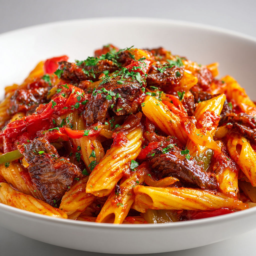 Pâtes au bœuf et poivrons caramélisés, viande grillée et légumes tendres à l’ail.