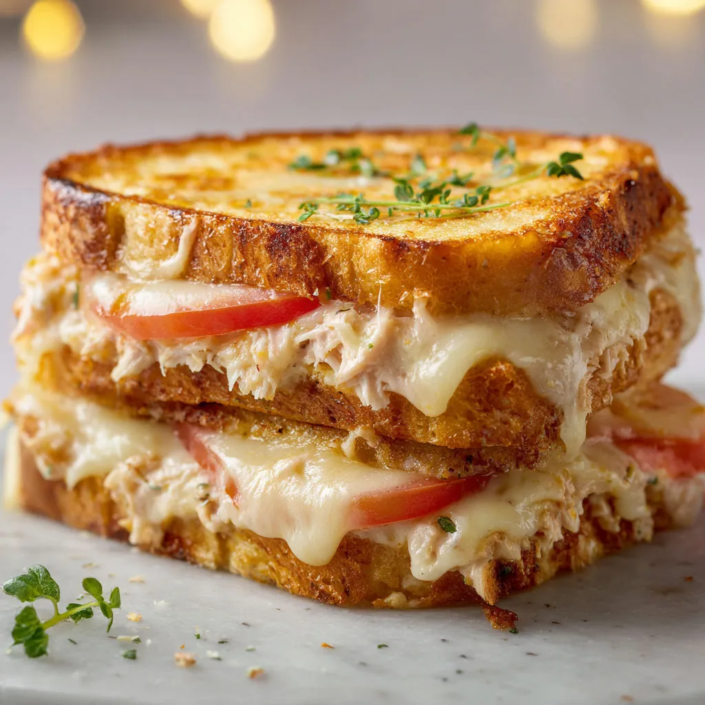 Croque thon fondant et croustillant, tomate et fromage filant au centre. Idéal à partager.