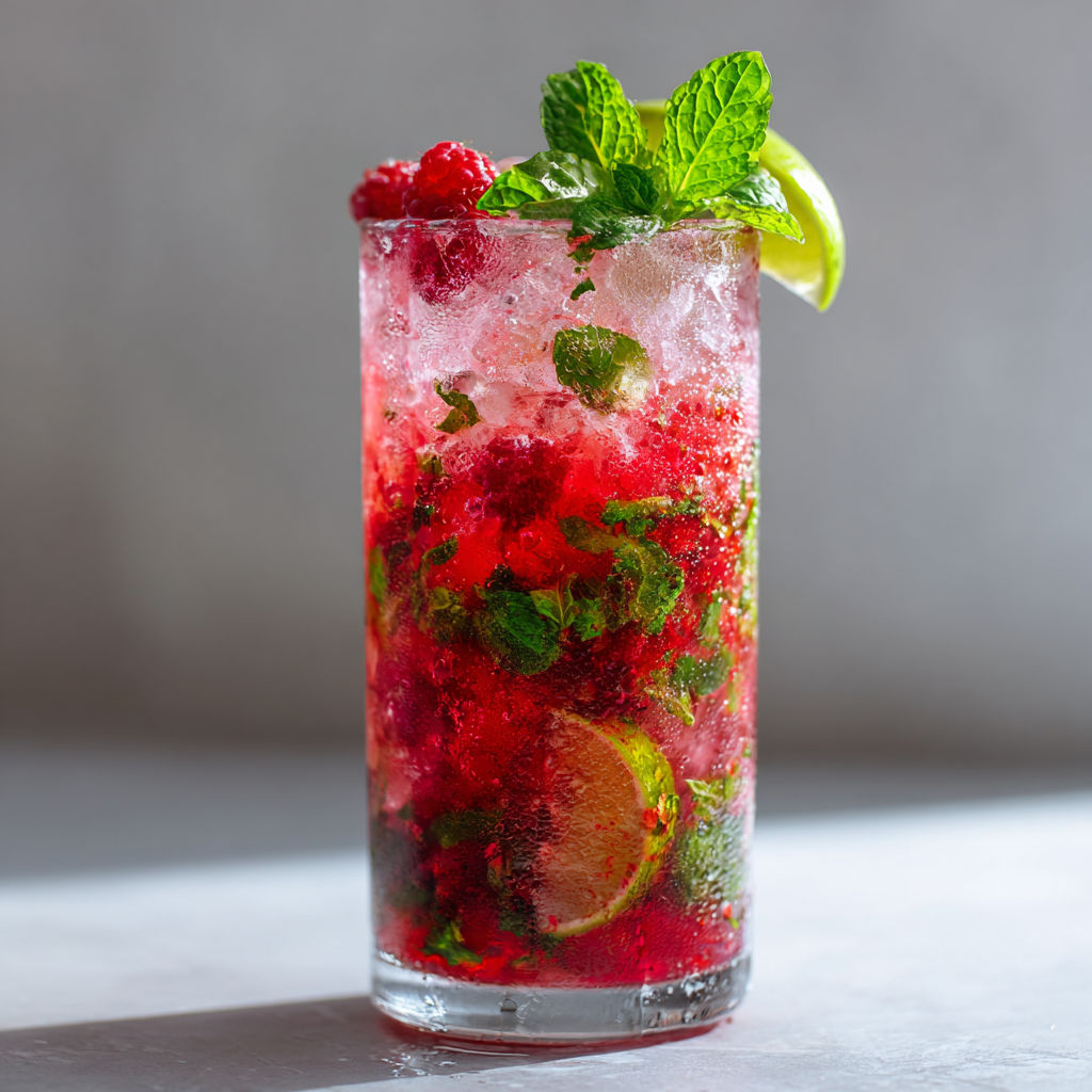 Un mojito à la framboise servi rapidement dans un verre.