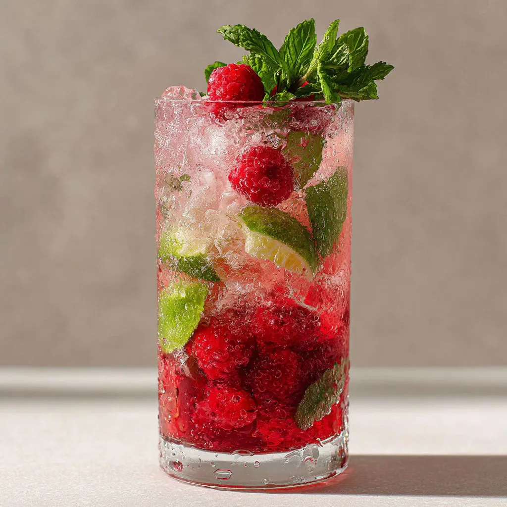 Verre de mojito framboise frais, prêt en 5 minutes.