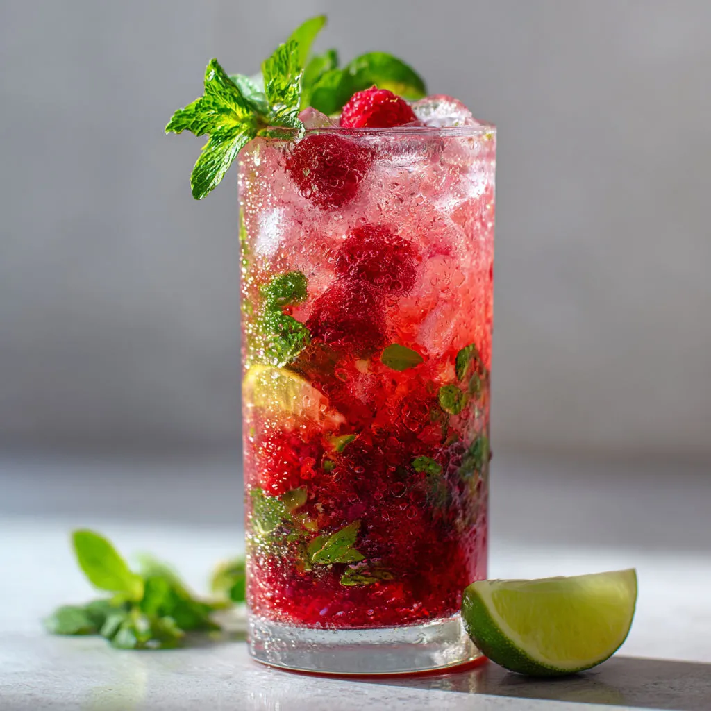 Mojito framboise prêt en 5 minutes dans un grand verre.
