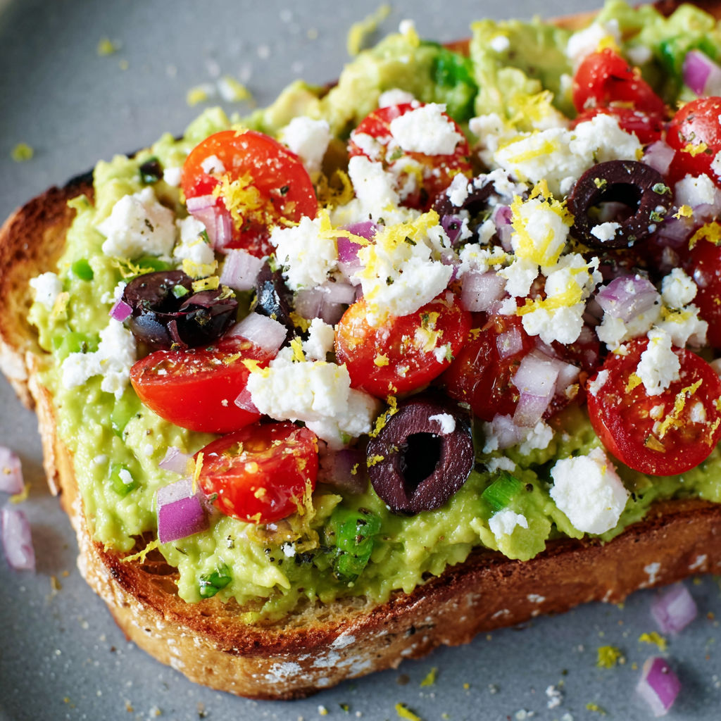 Toast avocat méditerranéen, crémeux avec feta, olives noires et légumes frais.