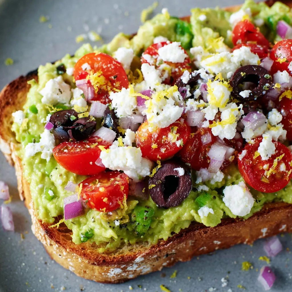 Toast avocat méditerranéen, crémeux avec feta, olives noires et légumes frais.