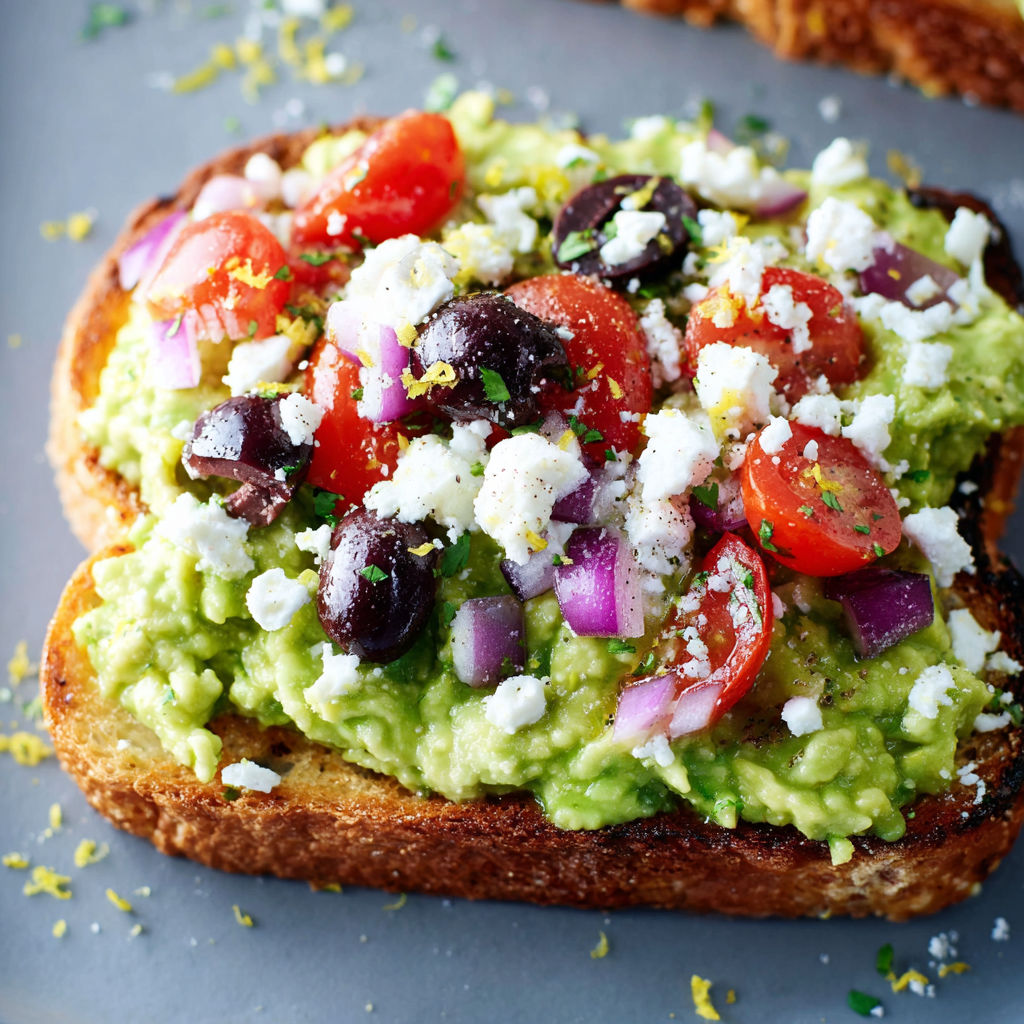 Toast façon Méditerranée, boosté au citron avec oignon rouge, tomates fraîches et feta.