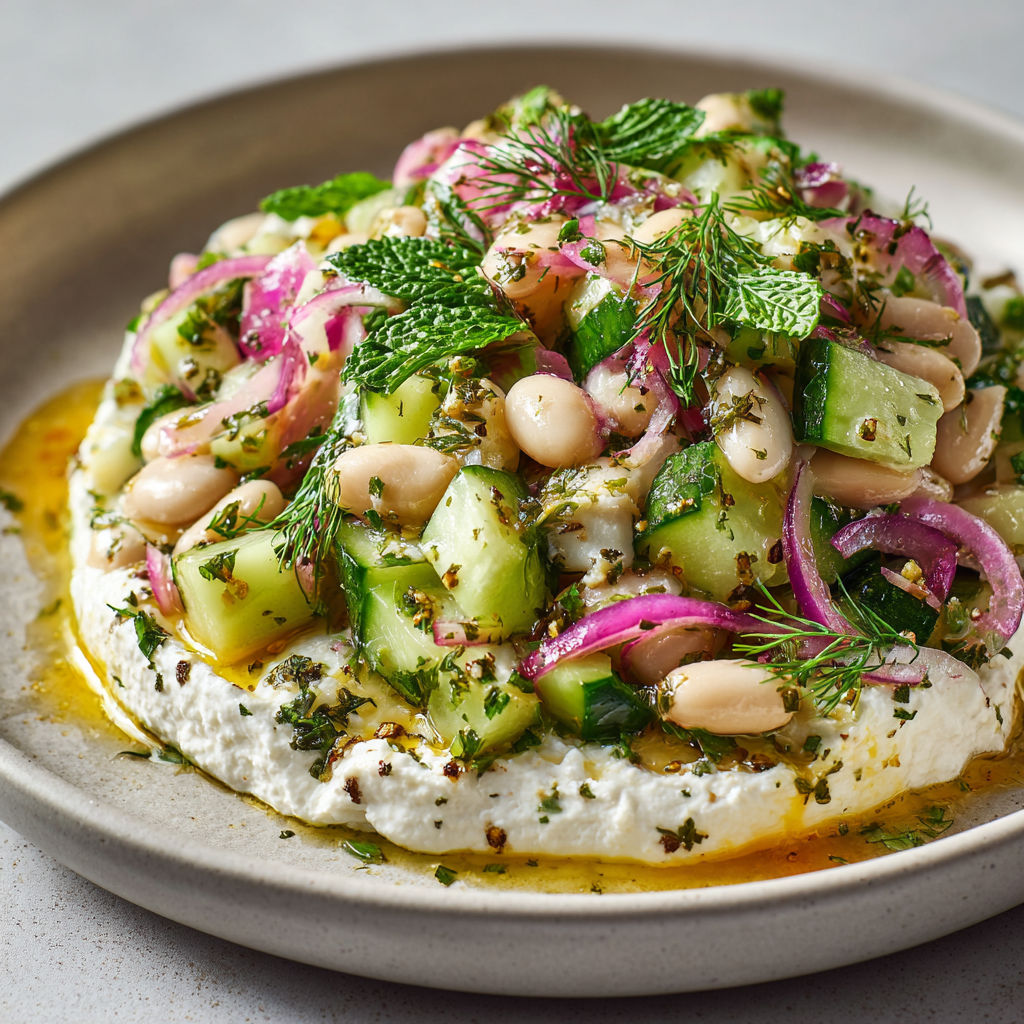 Un plat de concombres croustillants, haricots blancs avec feta crémeuse, présenté sur un plateau élégant.