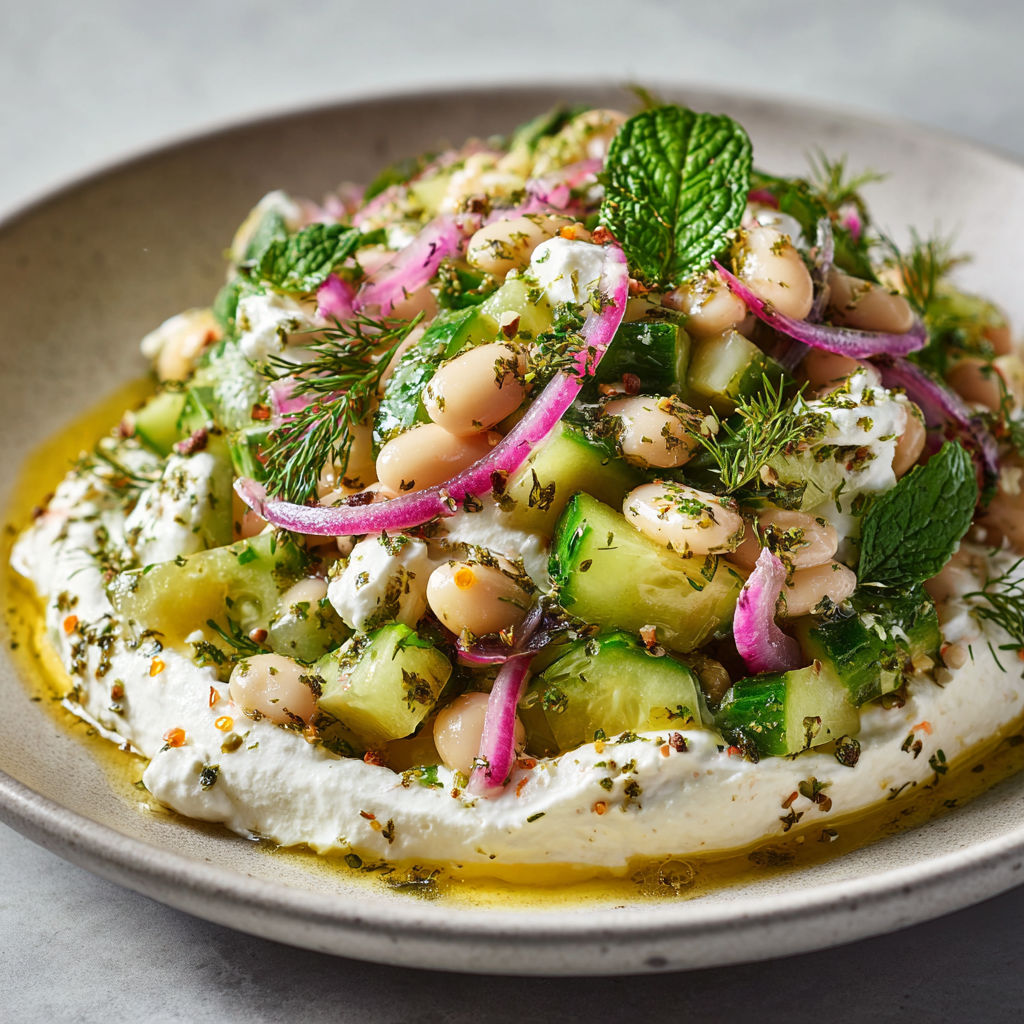 Assiette de concombres, haricots blancs et feta, avec plein d’herbes sur une crème toute douce.