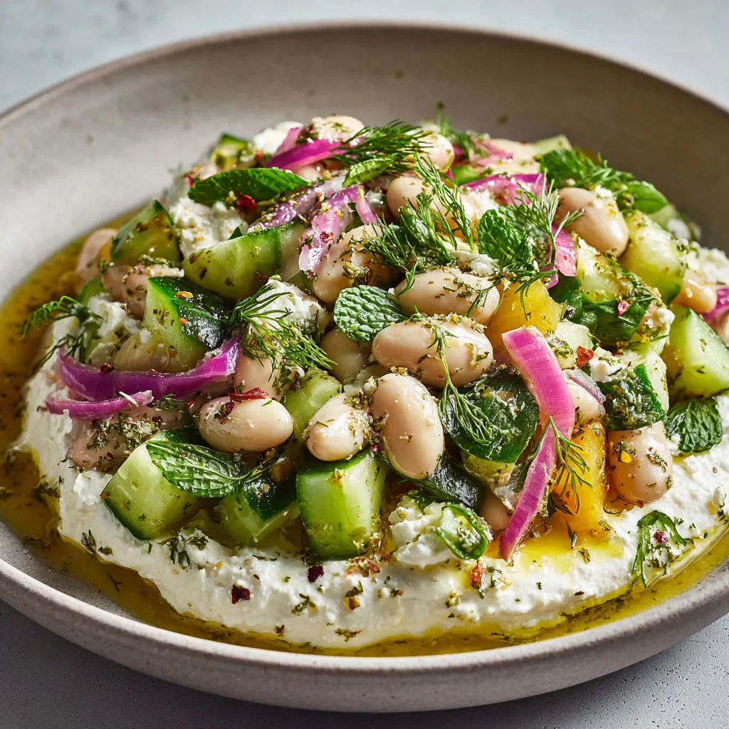 Plat croquant d’été avec concombres, haricots, feta et sa vinaigrette parfumée au zaatar.