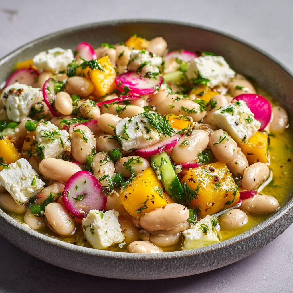 Un bol contenant une salade de haricots, feta et mangue fraîchement préparée.