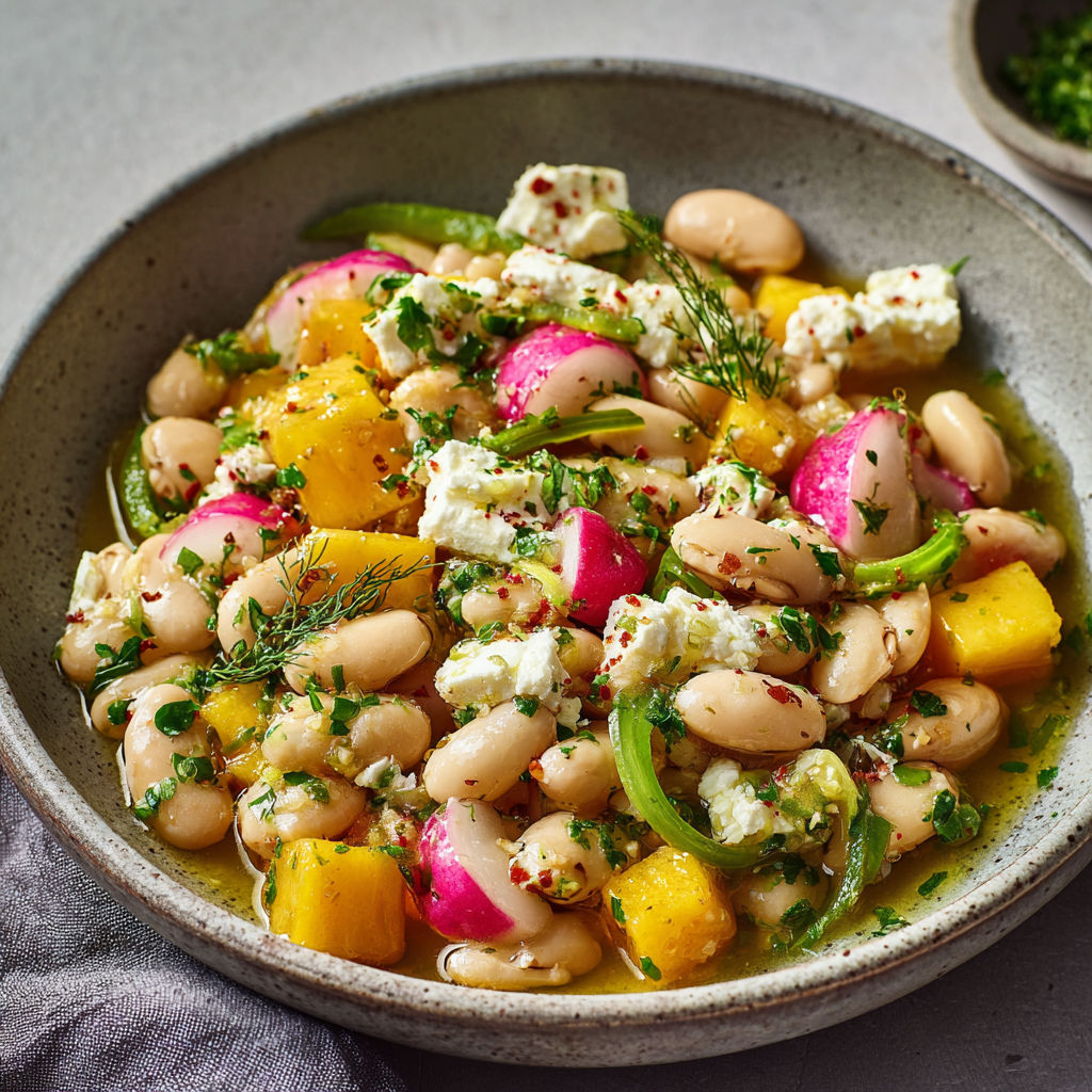 Mélange coloré d’haricots borlotti, feta et mangue. Frais, sucré-salé, super estival.