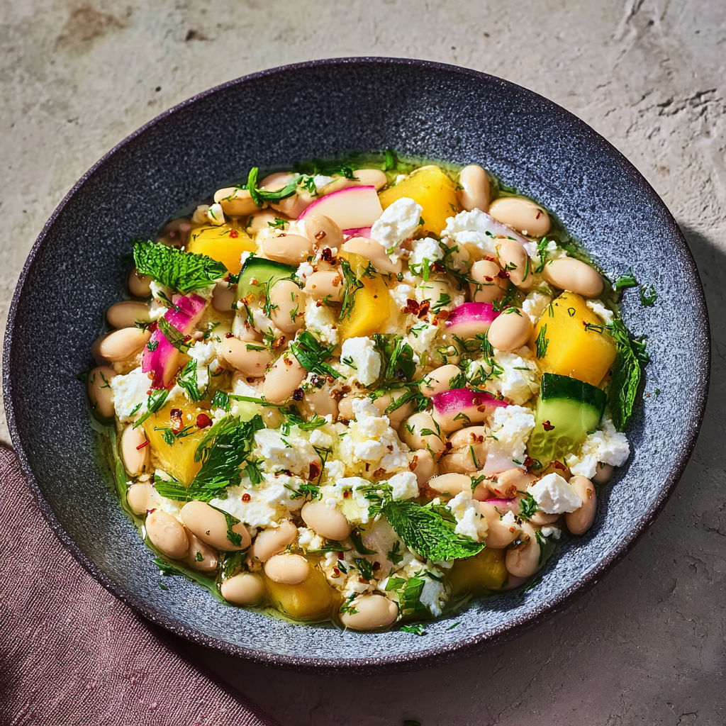 Haricots borlotti tout tendres, mangue sucrée et feta, citron et huile d’olive pour relever le tout.