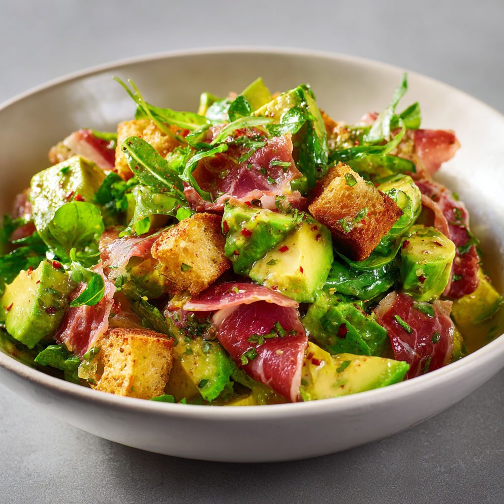 Une assiette d’avocat et jambon de Parme, servie avec croûtons.
