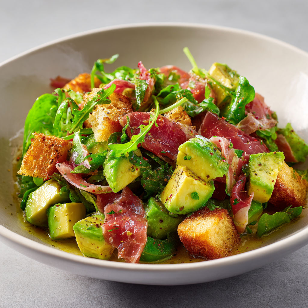Salade avocat et jambon cru super fraîche et croquante, croûtons dorés et petite touche citron.