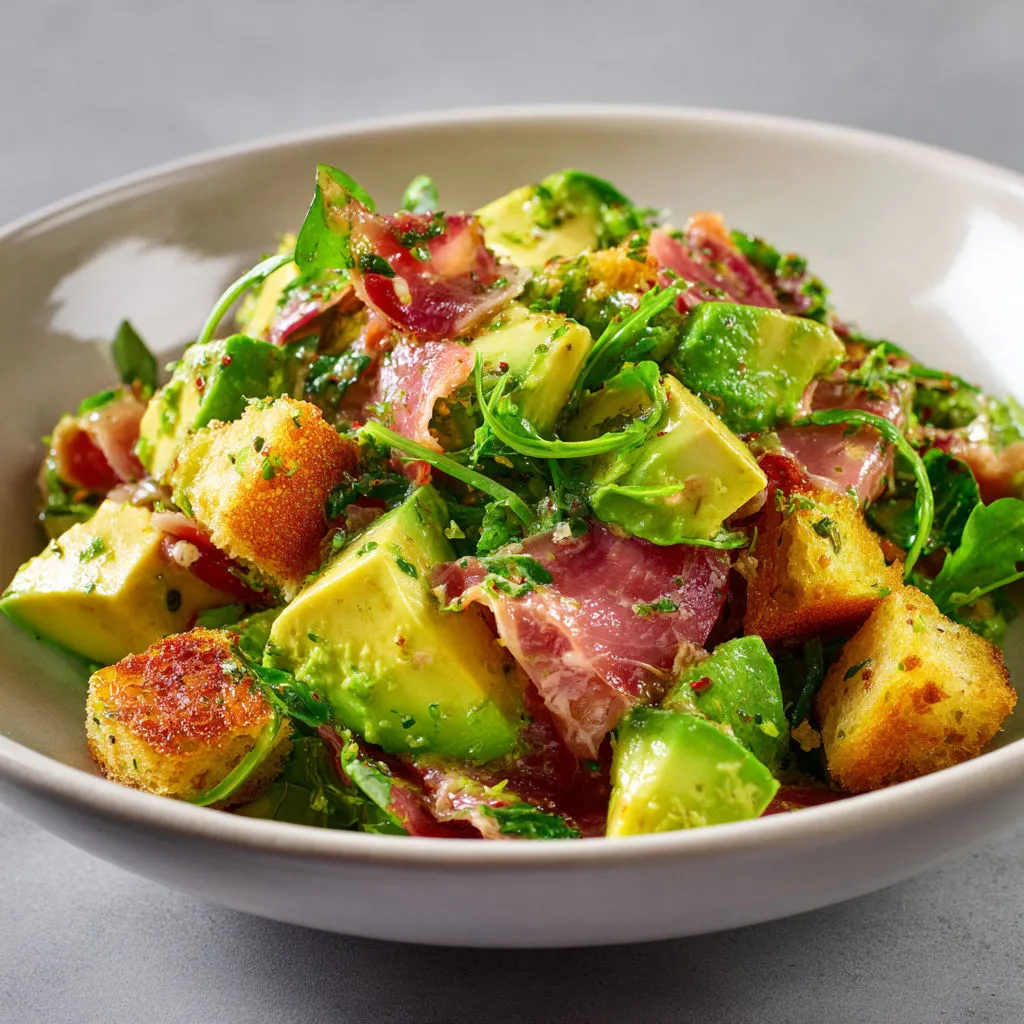 Salade d’été avocat jambon cru douceur croquante et fruits méditerranéens.