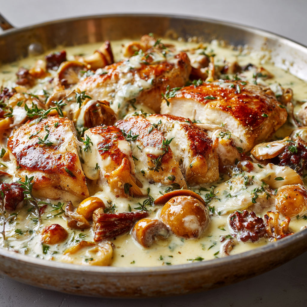 Plat fumant de poulet servi avec girolles et chanterelles dans un récipient en métal.