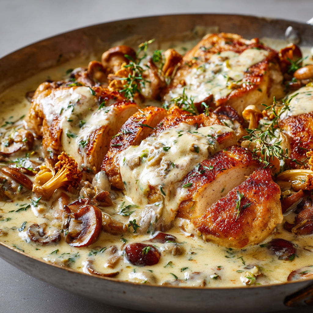 Poulet fondant aux champignons forestiers et parmesan qui file, parfait pour l’automne.