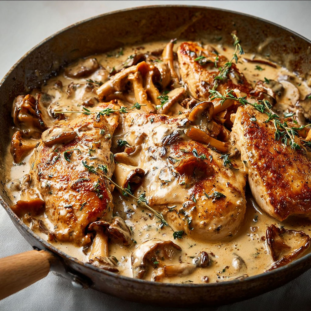 Poulet tendre aux champignons sautés et herbes, le tout nappé d’une crème onctueuse et parmesan filant.