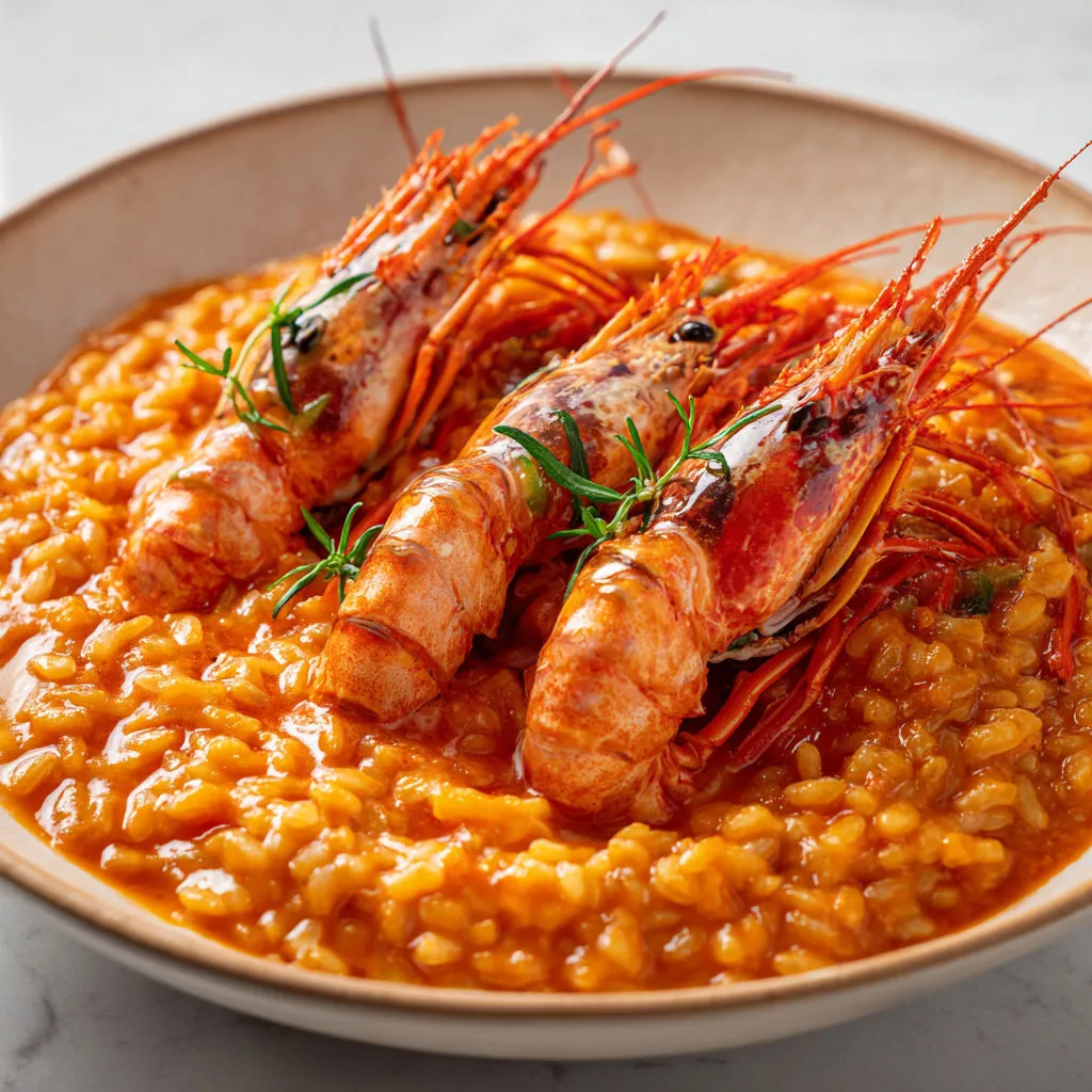 Risotto onctueux aux langoustines, alliance raffinée du riz arborio, tomate délicate et parmesan fondant.