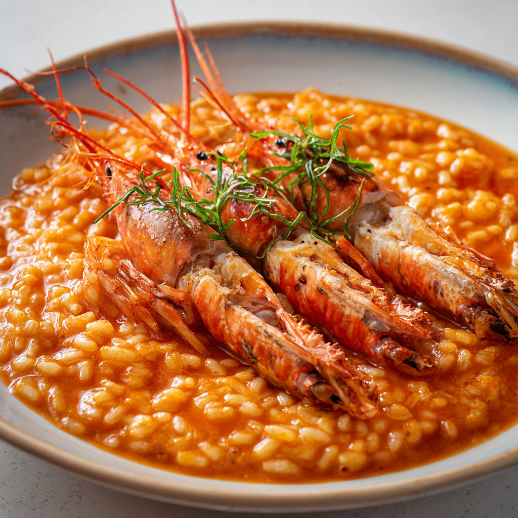 Risotto aux langoustines moelleuses, cuisiné au vin blanc et bouillon de poisson, tout en douceur et parfum.