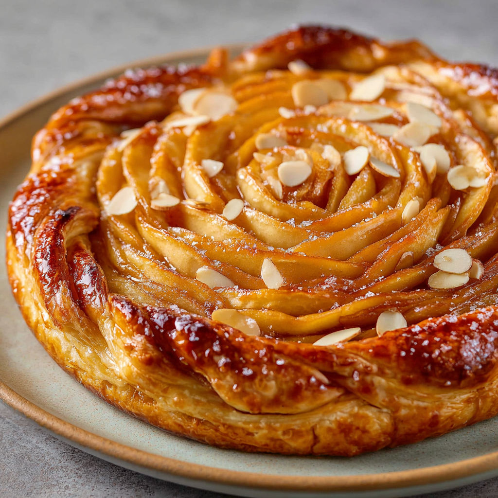Belle tarte pommes tressée, généreuse, moelleuse à la compote, pommes dorées sur le dessus.