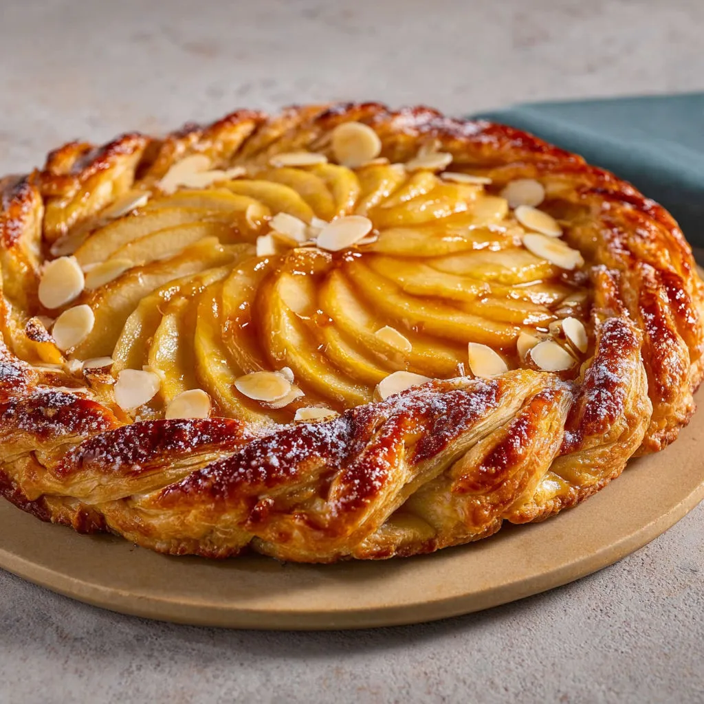 Délicieuse tarte aux pommes maison avec tressage, nappage abricot et amandes effilées.