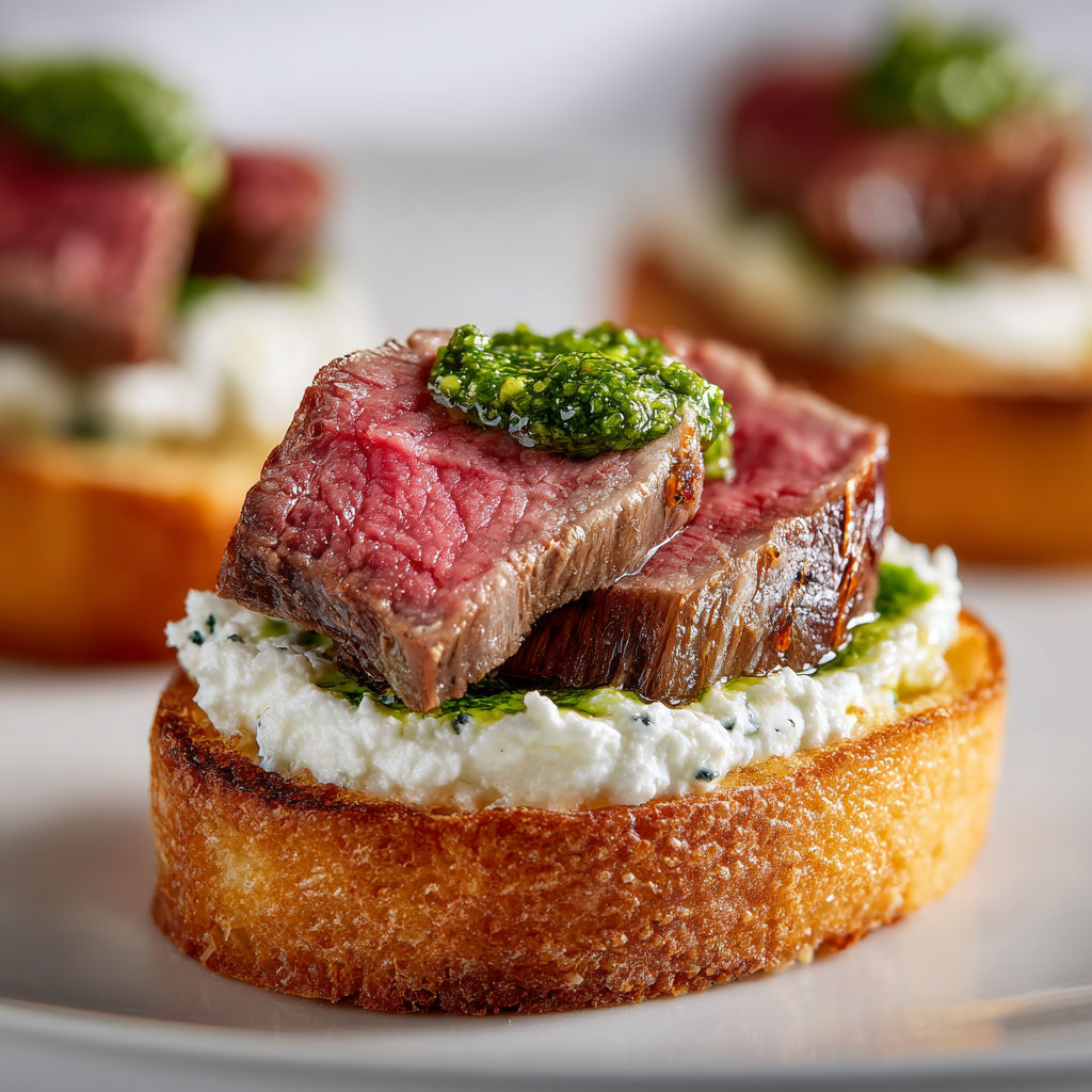 Tartine garnie de bœuf tendre, d’une crème de chèvre légère et de pesto parfumé.