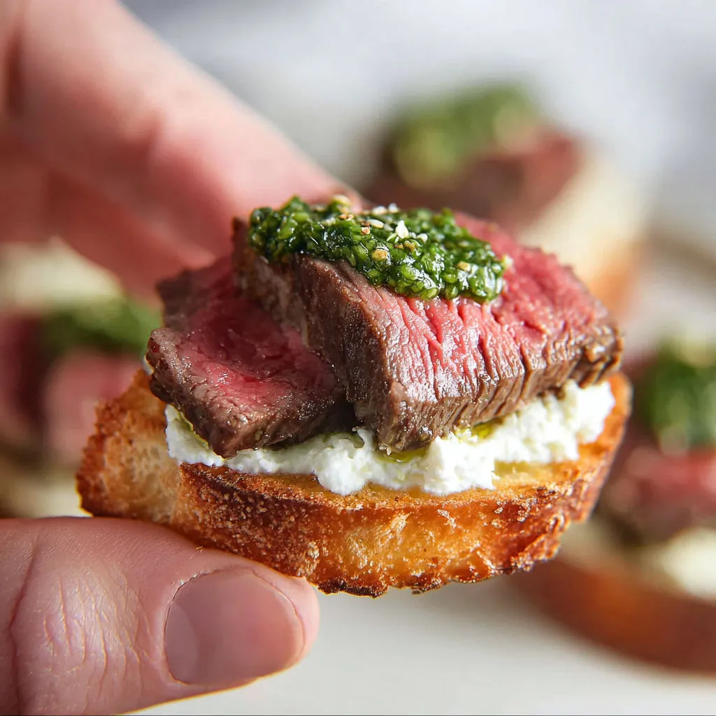 Pain croustillant avec tranche de bœuf, crème de chèvre aérienne et pointe de pesto frais.