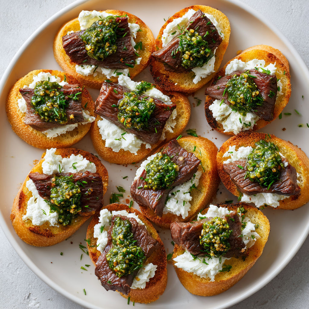 Tranche de pain dorée garnie de bœuf, crème de chèvre mousseuse et pointe de pesto parfumé.