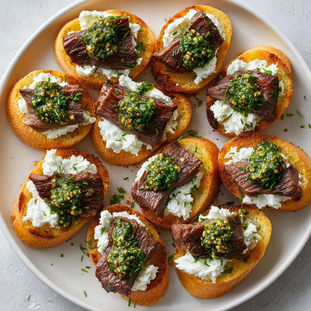 Tranche de pain dorée garnie de bœuf, crème de chèvre mousseuse et pointe de pesto parfumé.