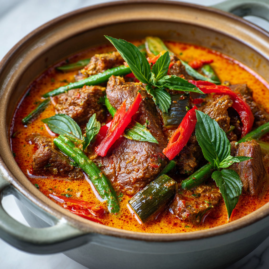 Un plat de boeuf mijoté au curry rouge avec sauce coco et épices, servi très gourmand.