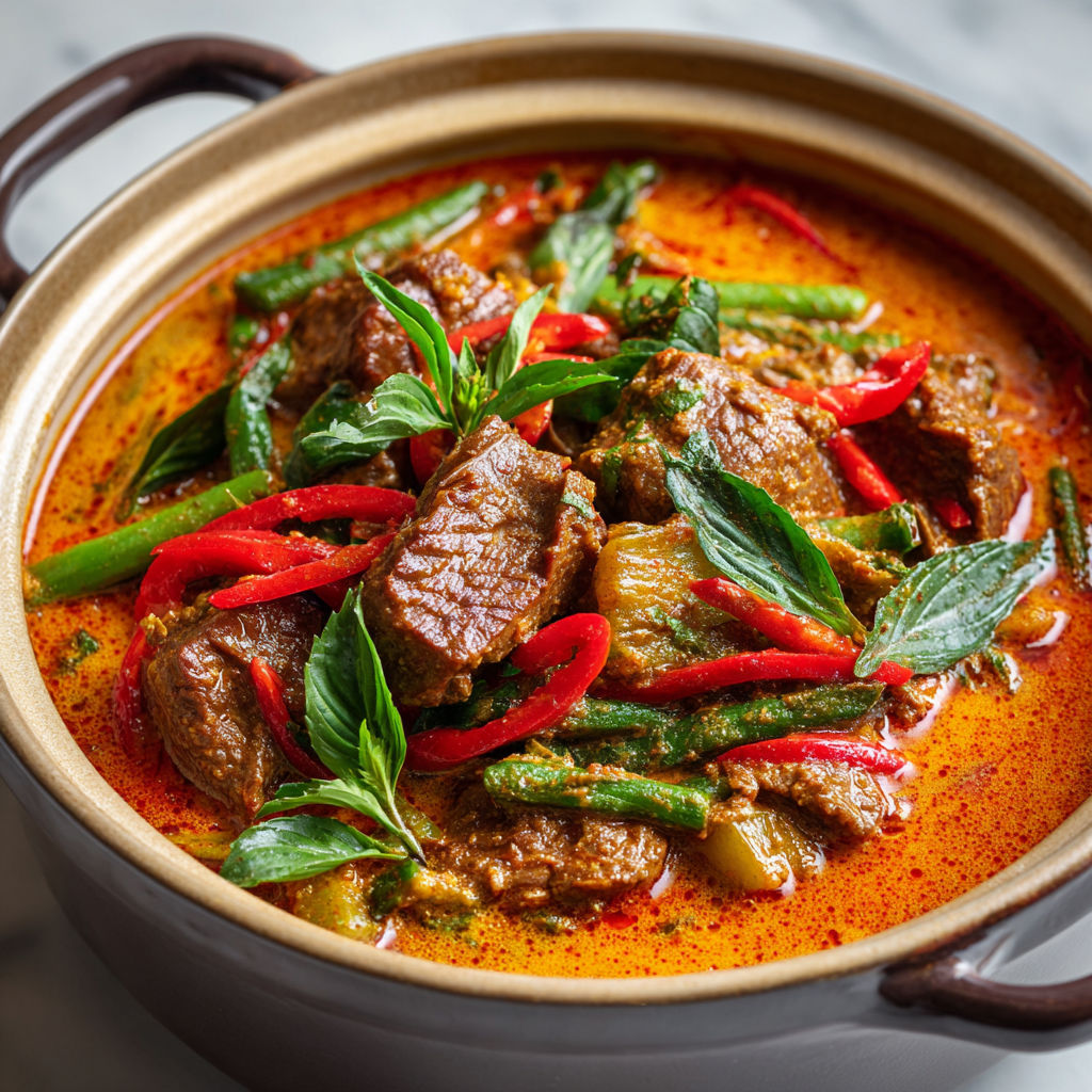 Du boeuf au curry rouge et légumes tendres, une belle assiette parfumée et généreuse.