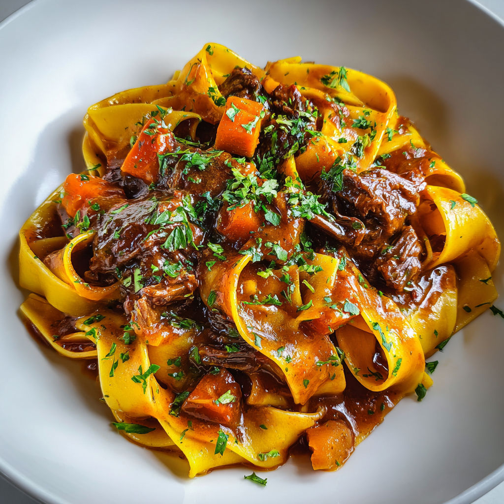Un plat rempli de pappardelles, bœuf tendrement braisé et morceaux de courge.
