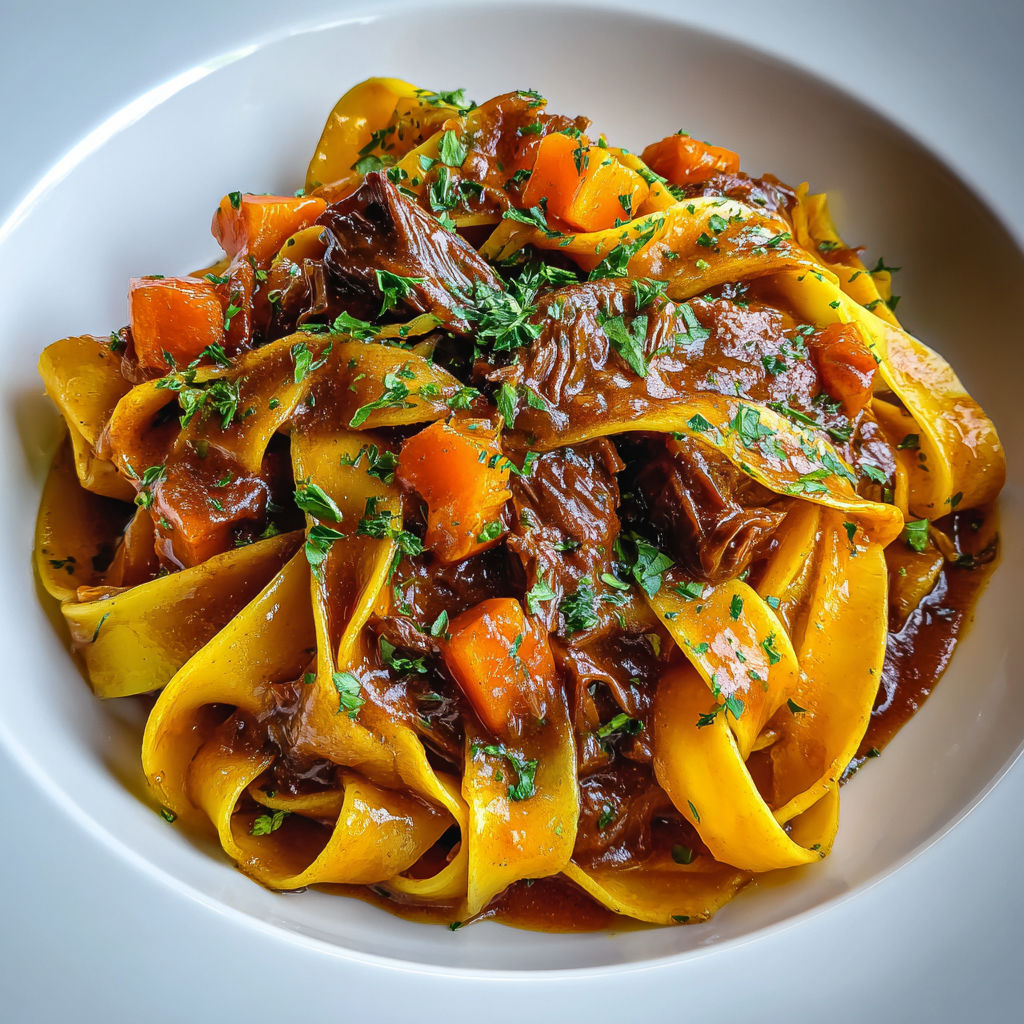 Un plat de pappardelles au bœuf tendre et courge servi sur un plateau.